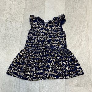Guess Dress Girls Sz 2T Blue Gold Logo Spellout Flutter Cap Sleeves